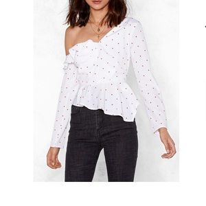 One shoulder white and pink polka dot blouse